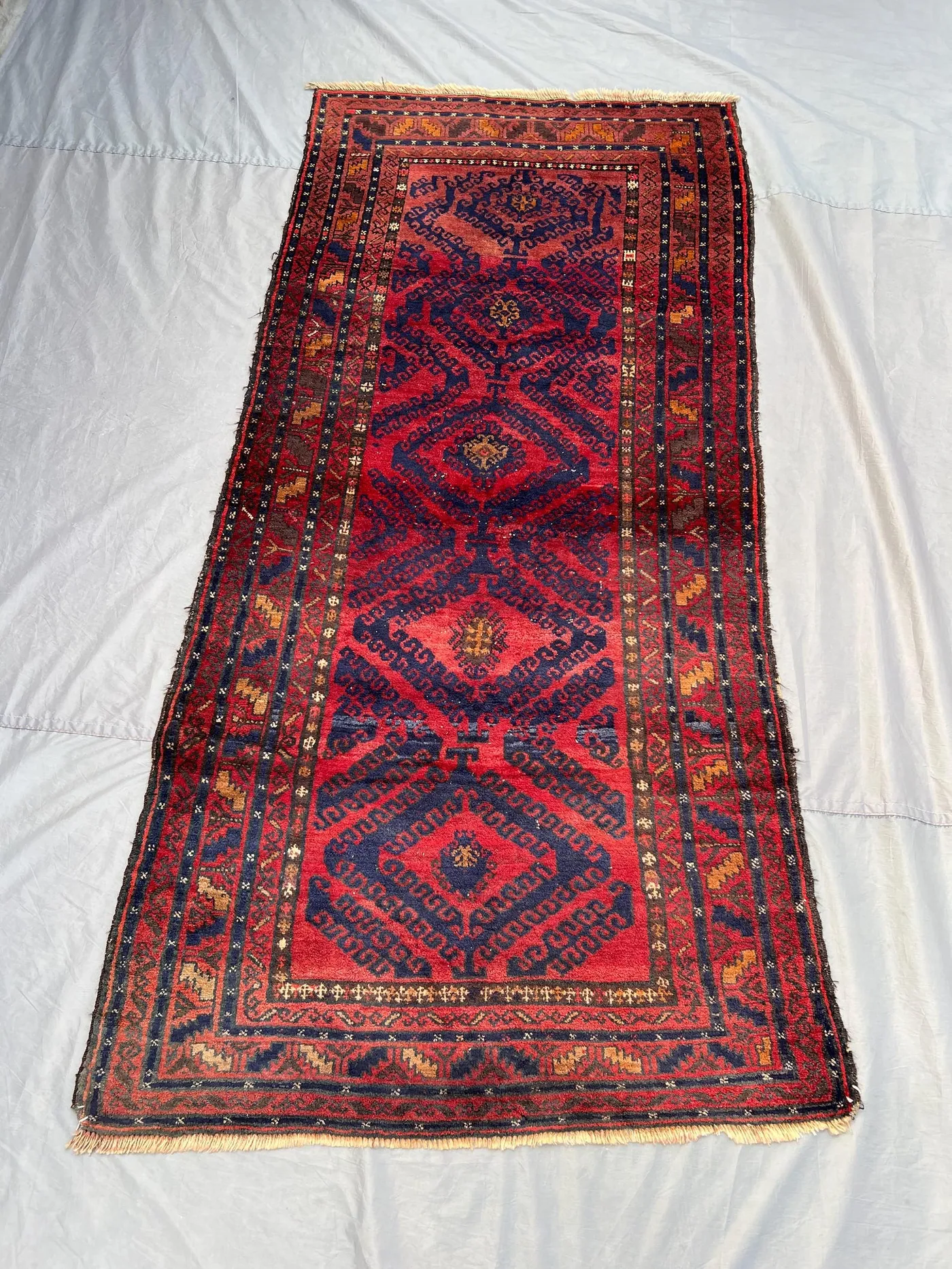 4x7 Vintage Afghan Hand-Knotted Balochi Rug, Low Pile Distressed Tribal rug, Unique Geometric Pattern Home Decor | bedroom & kitchen decor