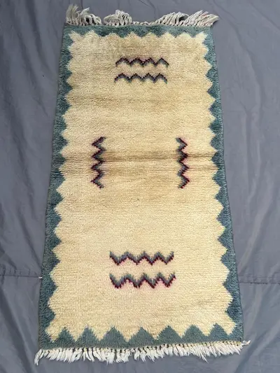 3x5 Handmade Antique Gabbah Rug, Full Pile Unique Moss Green and Cream Design Hand-Knotted Wool Tribal Accent 