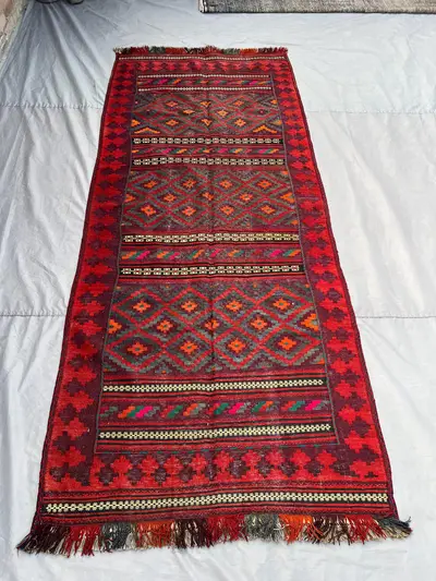 4x9 Vintage Afghan Hand-Knotted Kilim Rug – Antique Flat Weave Geometric Pattern, Unique Tribal Design, Bohemi