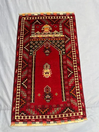 2x4 Vintage Afghan Hand-Knotted Prayer Rug, Balochi Design Distressed Moss Wool, Unique Geometric Pattern, | b