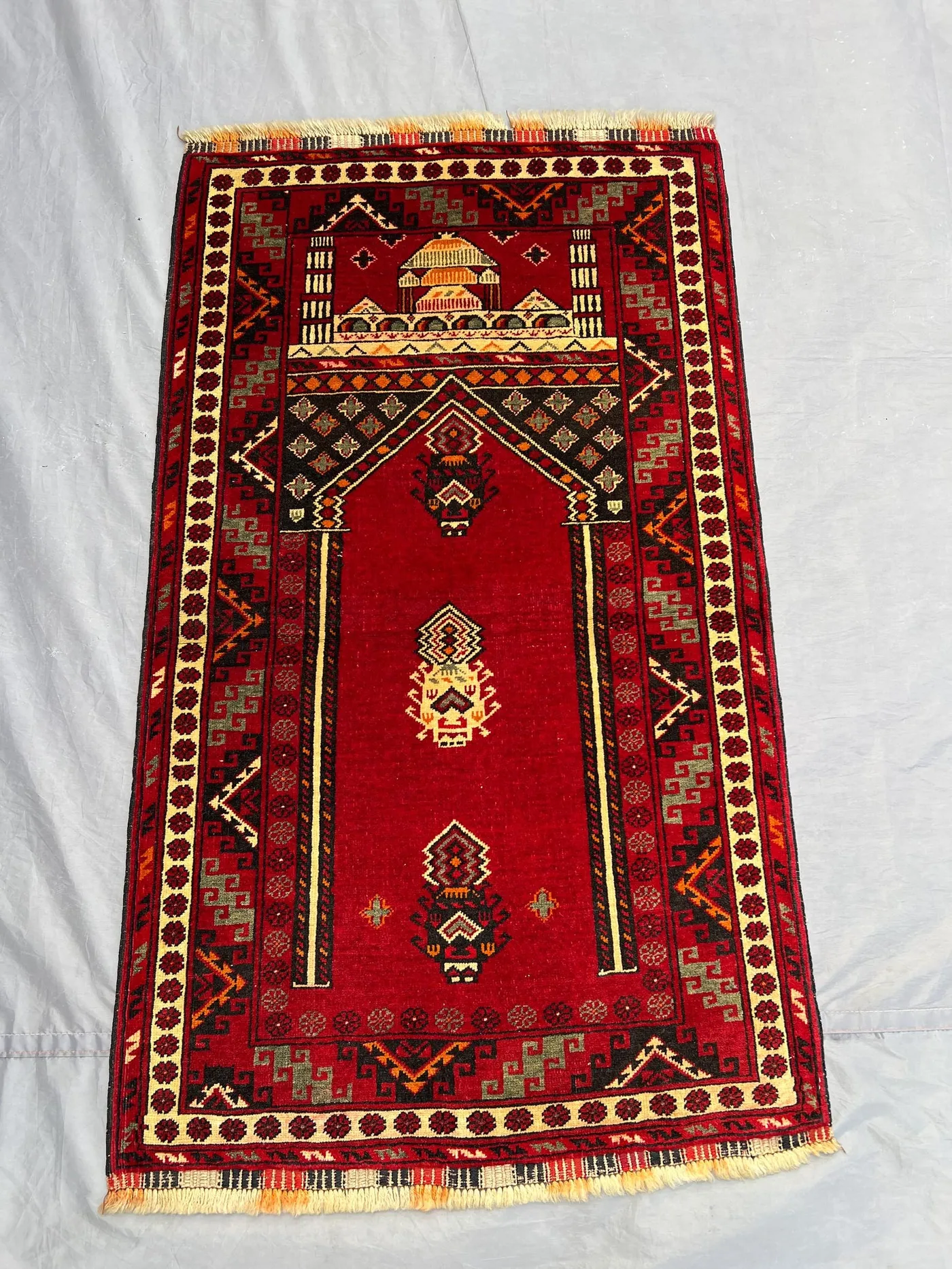 2x4 Vintage Afghan Hand-Knotted Prayer Rug, Balochi Design Distressed Moss Wool, Unique Geometric Pattern, | bedroom decor & living room rug