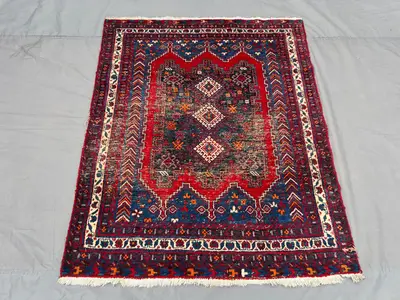 1920s Distressed Rug | 4.5x5.6 Semi-Antique Hand-Knotted Wool | Turkish Caucasian Style | No Pile Faded Accent