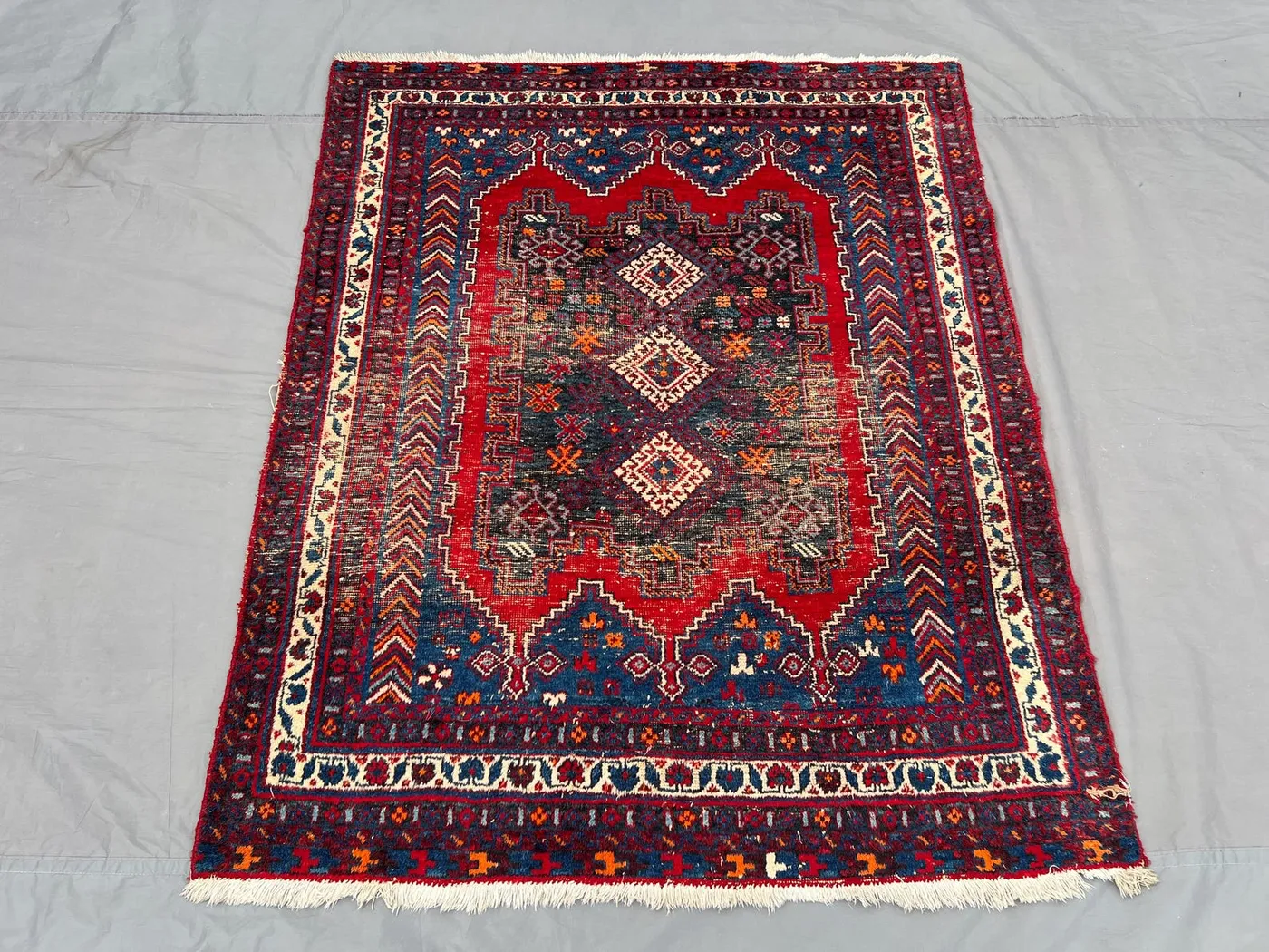 1920s Distressed Rug | 4.5x5.6 Semi-Antique Hand-Knotted Wool | Turkish Caucasian Style | No Pile Faded Accent Rug | Rustic Vintage Decor