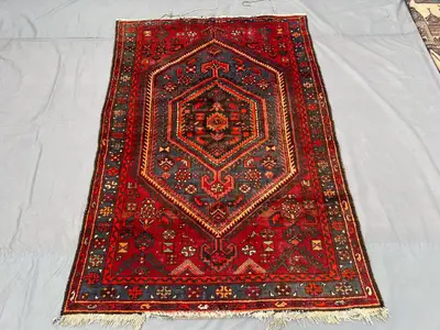 4'5 x 6'2 ft Antique Heriz design Geometric Afghan Rug - Red Handmade Wool Natural dyes Soft Pile Rug - Orient