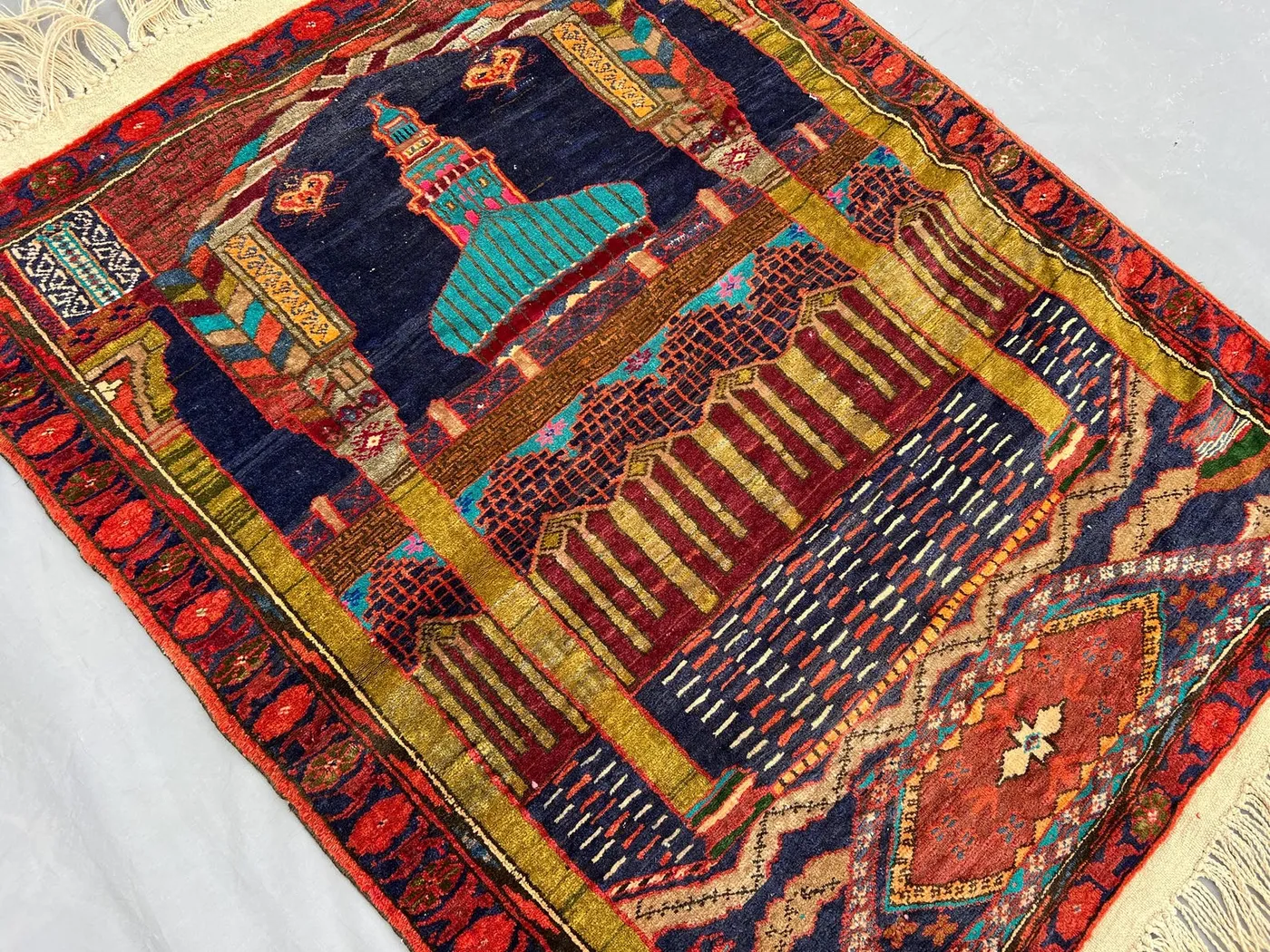 3x4 Turkmen Prayer Rug | Handmade Wool Small Vintage Rug | Soft Pile Tribal Mat Red Blue Rug | Islamic Art Decor Entryway Accent Carpet