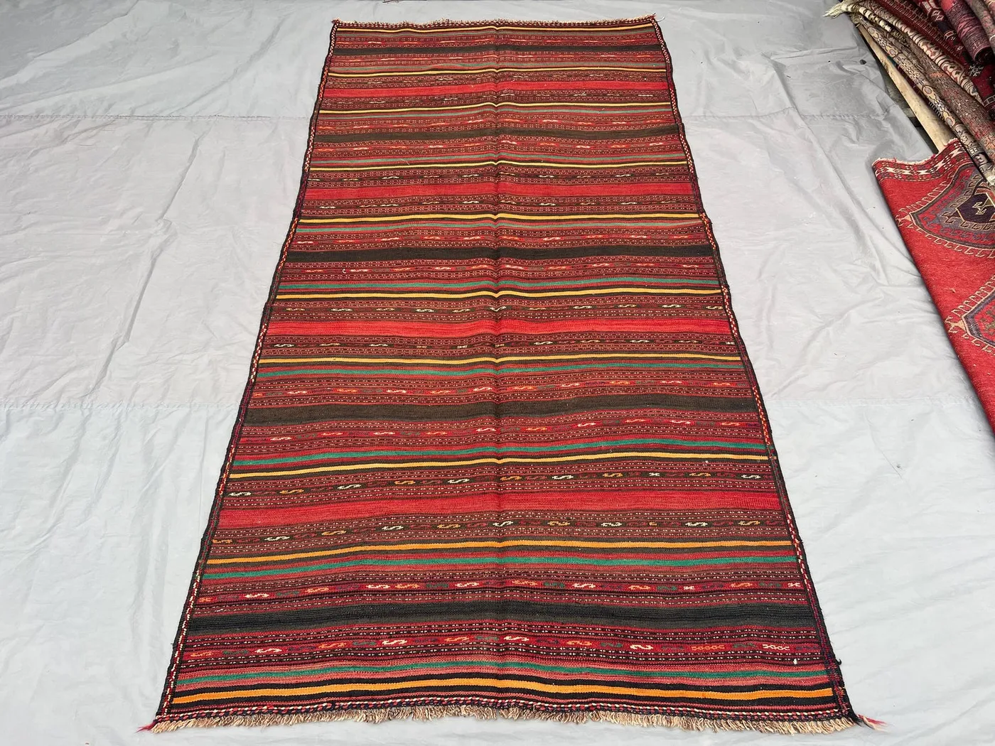 4.10 x 10.1 ft Afghan Handmade Kilim Rug | Flat Weave Wide Runner, Vintage Striped Tribal Geometric Boho Area Rug Decor | living room decor