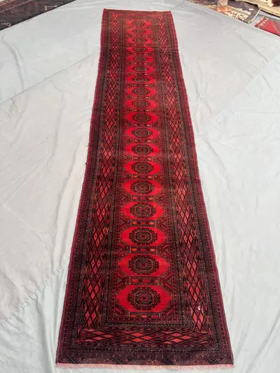 2'9 x 12'5 ft Antique Caucasian Style Runner Rug | Hand Knotted Wool Tribal Carpet | Red bukhara Runner Rug, L