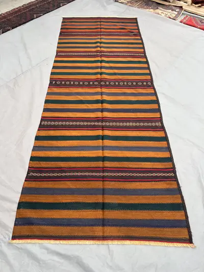 4.4x11.10 ft vintage afghan baluchi runner rug | hand woven wide hallway rug striped tribal wool rug earthy to