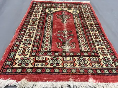 Afghan prayer rug, 2x3 antique hand knotted wool rug, low pile floral design vintage rare decor one of a kind 