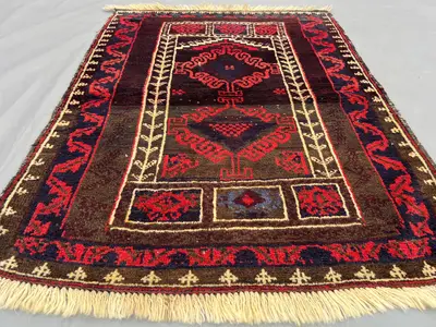 Afghan balochi rug 3x4 antique hand knotted wool tribal rug, vintage low pile red black one of a kind collecto