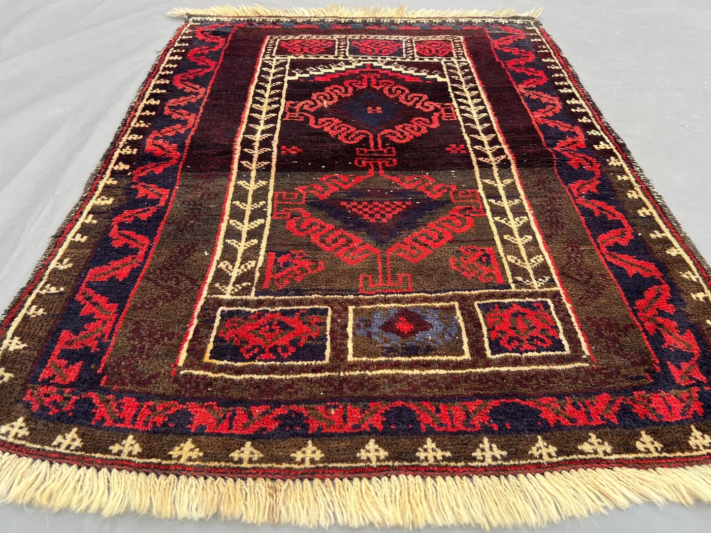 Afghan balochi rug 3x4 antique hand knotted wool tribal rug, vintage low pile red black one of a kind collectors rug | bedroom & kitchen rug