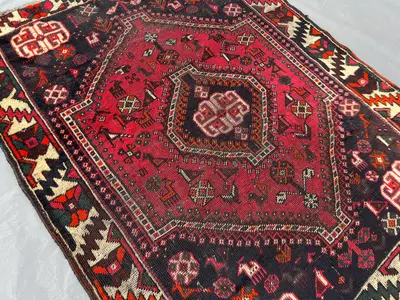 4x5 ft Antique Rug | 1900s Hand Knotted Low Pile Distressed Rug | Turkish Inspired Caucasian Style Rug | Red T