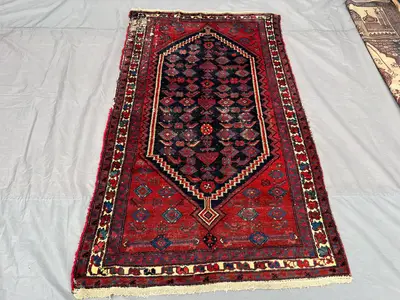 Afghan balochi rug 4x7 antique hand knotted wool tribal, low pile red blue vintage decor one of a kind rug col