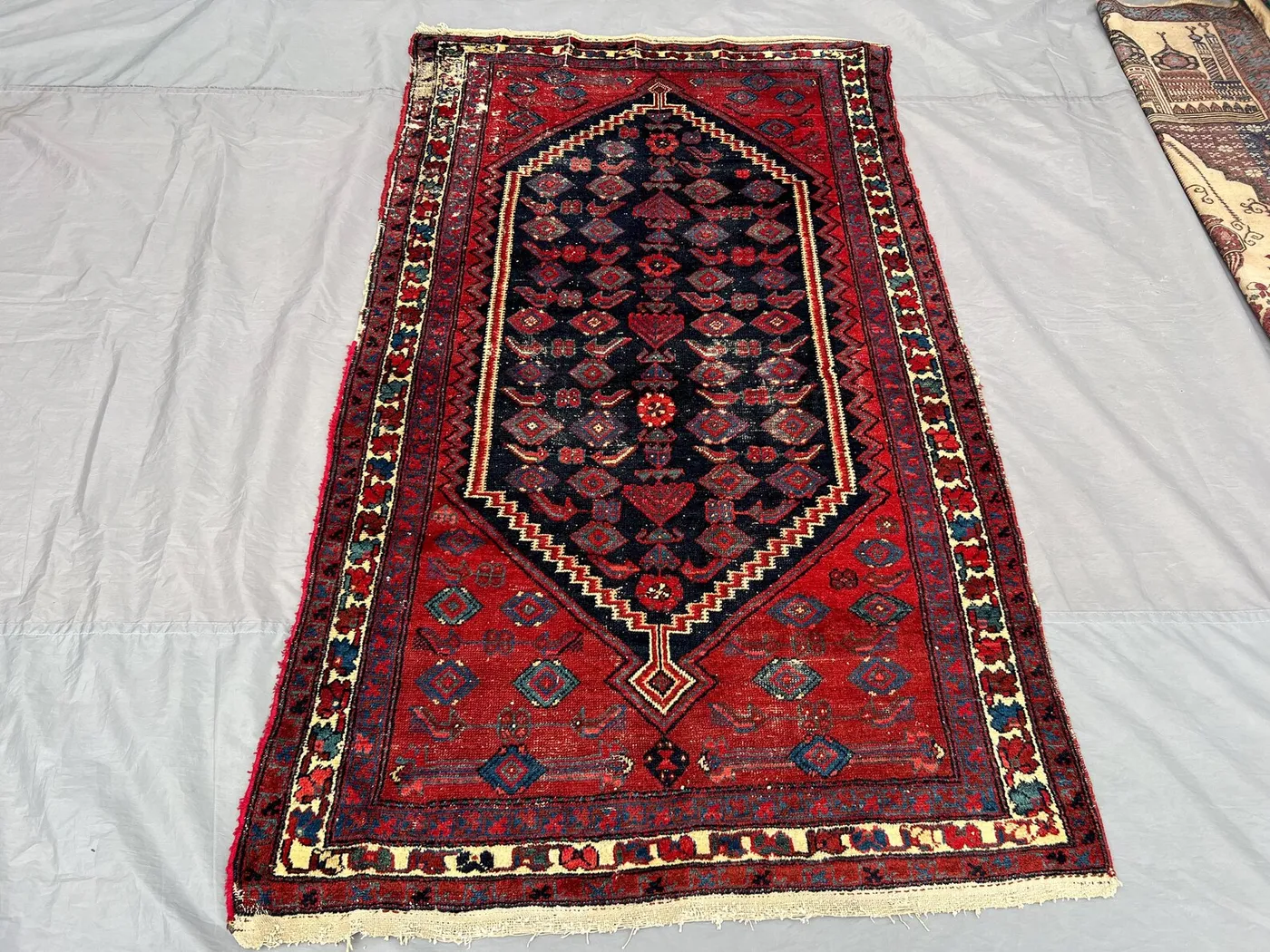 Afghan balochi rug 4x7 antique hand knotted wool tribal, low pile red blue vintage decor one of a kind rug collectors piece | farmhouse rug