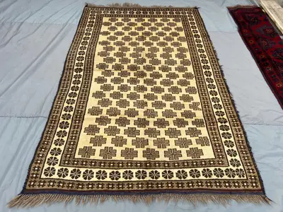 6x9 Vintage Afghan Hand-Knotted Balochi Rug Rare Tribal Soft Wool Cream Brown Design Farmhouse rug Bedroom rug