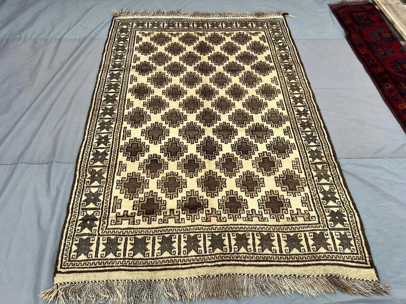 6x9 Vintage Afghan Hand-Knotted Balochi Rug Cream Brown Tribal Design, Rare Soft Pile Wool Farmhouse rug Living Room Decor rug | kitchen rug