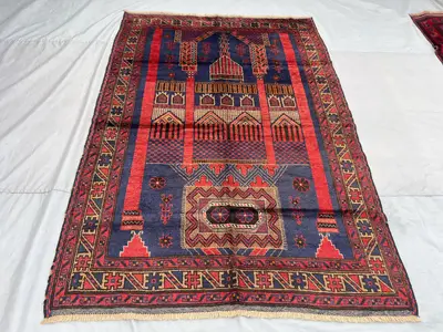 6x9 Vintage Afghan Hand-Knotted Balochi Prayer Rug Deep Red Blue Tones Rare Tribal Soft Pile Living Room rug F