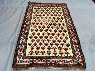 5x8 Afghan Hand-Knotted Baluchi Rug, Vintage Soft Pile, Cream Red Tribal Rug, Farmhouse Decor Living Room Rug 