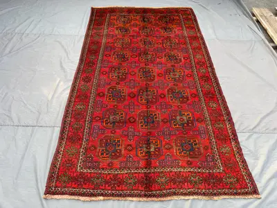 5'3" x 9'4" Ft Vintage Afghan Hand-Knotted Turkmen Rug, Low Pile, Faded Geometric Pattern, Red & Blue, Classic