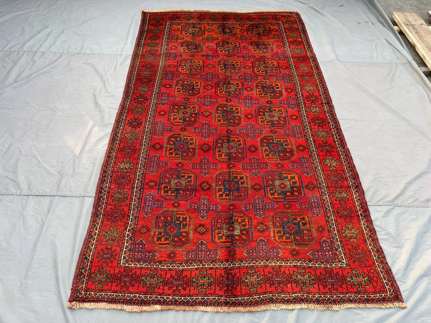 5'3" x 9'4" Ft Vintage Afghan Hand-Knotted Turkmen Rug, Low Pile, Faded Geometric Pattern, Red & Blue, Classic Oriental Carpet, Bedroom Rug