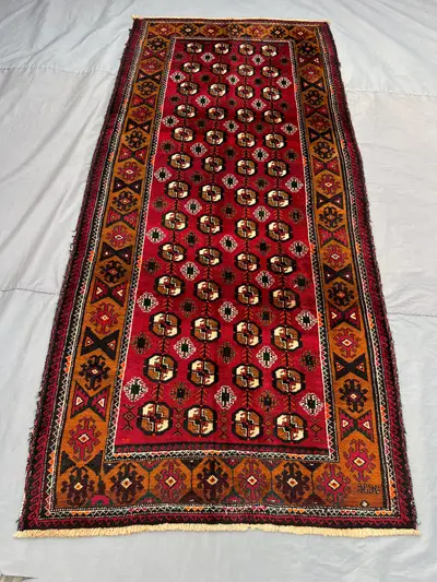 4x10 Vintage Afghan Turkoman Hand-Knotted Rug, Soft Pile Rare Tribal, Geometric Hall Rug, One of a Kind Farmho