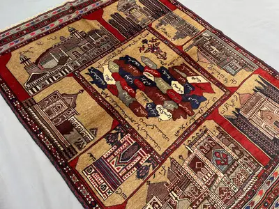 4'7" x 6' ft Vintage Hand Knotted Pictorial Rug, Rare Architectural Design Wool Carpet, Unique Art Collector D
