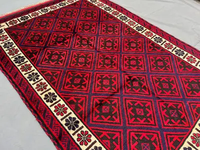 5'5" x 8'3" Vintage Afghan Baluchi Hand-Knotted Tribal Rug, Soft Wool Pile, Geometric Diamond Design, Rare Ori