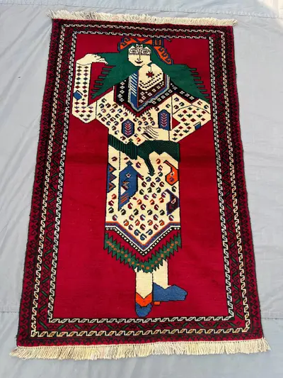 3x5 Afghan Hand-Knotted Pictorial Rug–Vintage Man Print Soft Pile, One-of-a-Kind, Farmhouse & Living Room Deco
