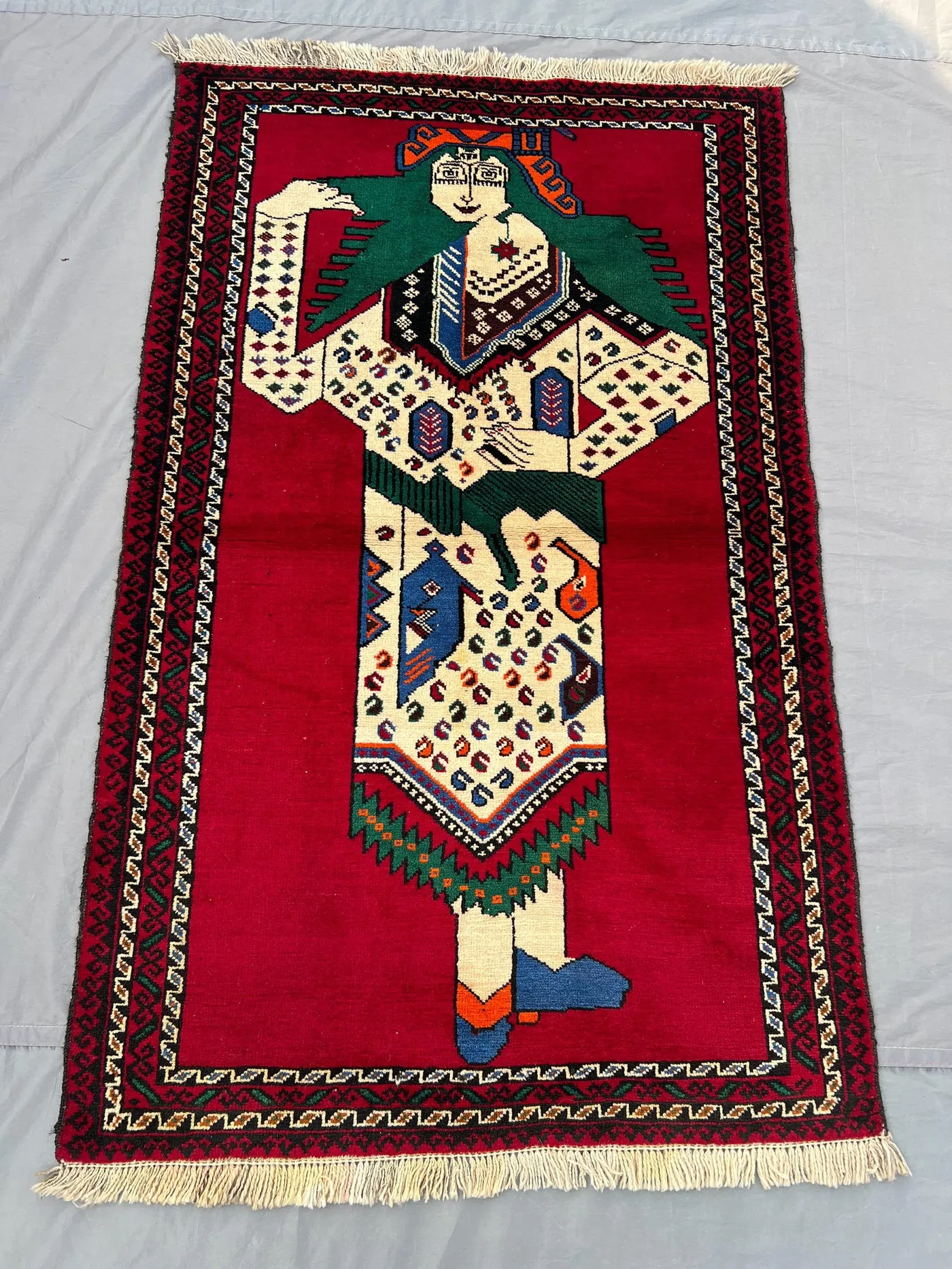 3x5 Afghan Hand-Knotted Pictorial Rug–Vintage Man Print Soft Pile, One-of-a-Kind, Farmhouse & Living Room Decor | wall hanging home boho rug