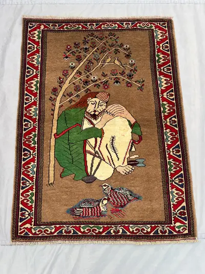 3x4 Afghan Hand-Knotted Balochi Rug–Vintage Man & Animal Print Soft Pile One-of-a-Kind Perfect for Study Room 