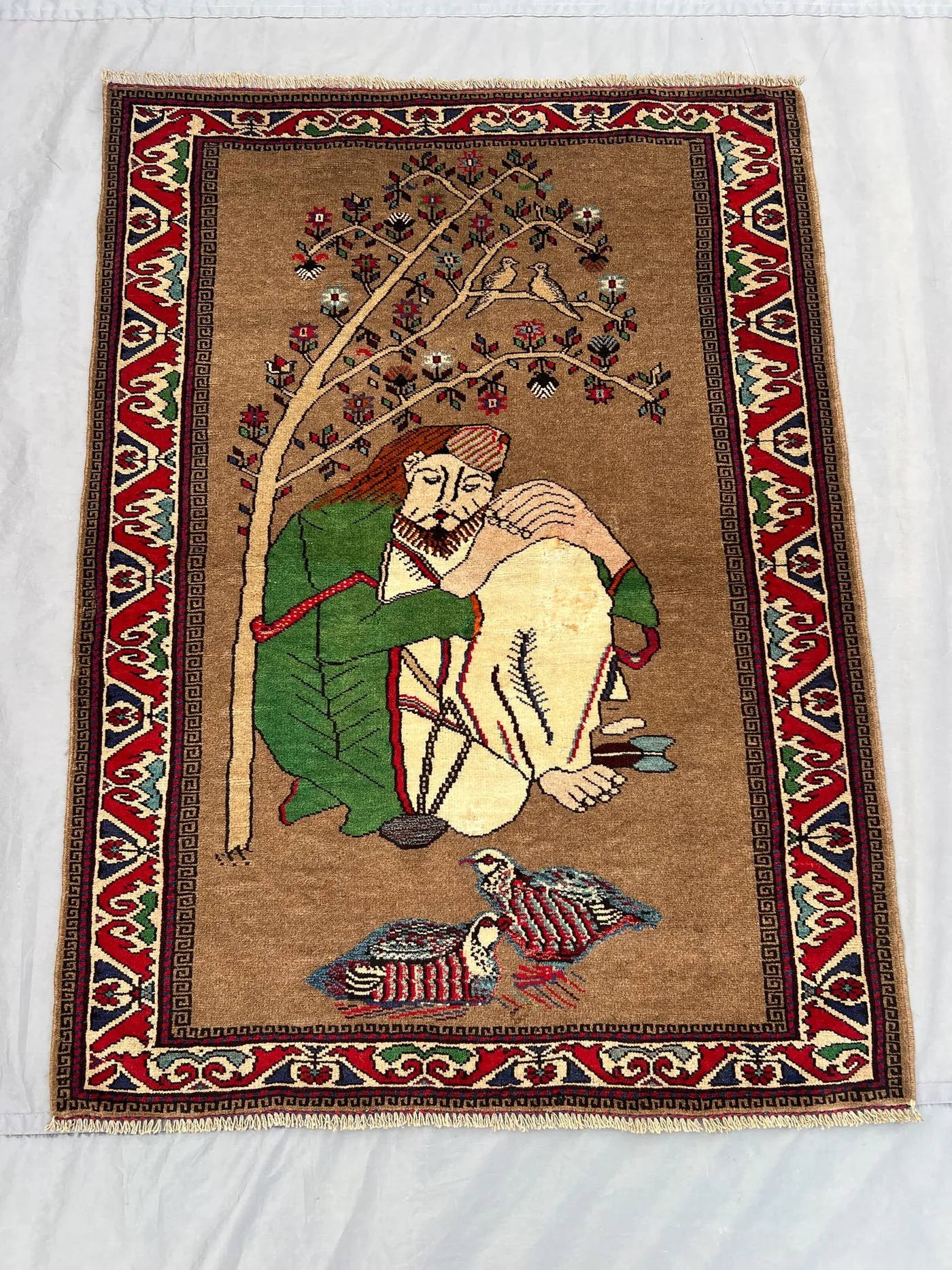 3x4 Afghan Hand-Knotted Balochi Rug–Vintage Man & Animal Print Soft Pile One-of-a-Kind Perfect for Study Room Living Room | wall hanging rug