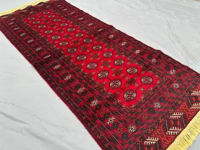 77x186 cm Afghan Baluchi Runner Rug, Red Bukhara Design, Hand Knotted, Soft Pile Rug, Unique, Excellent Condit