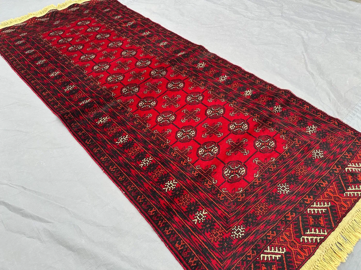 77x186 cm Afghan Baluchi Runner Rug, Red Bukhara Design, Hand Knotted, Soft Pile Rug, Unique, Excellent Condition, Kitchen Rug, Bedroom rug