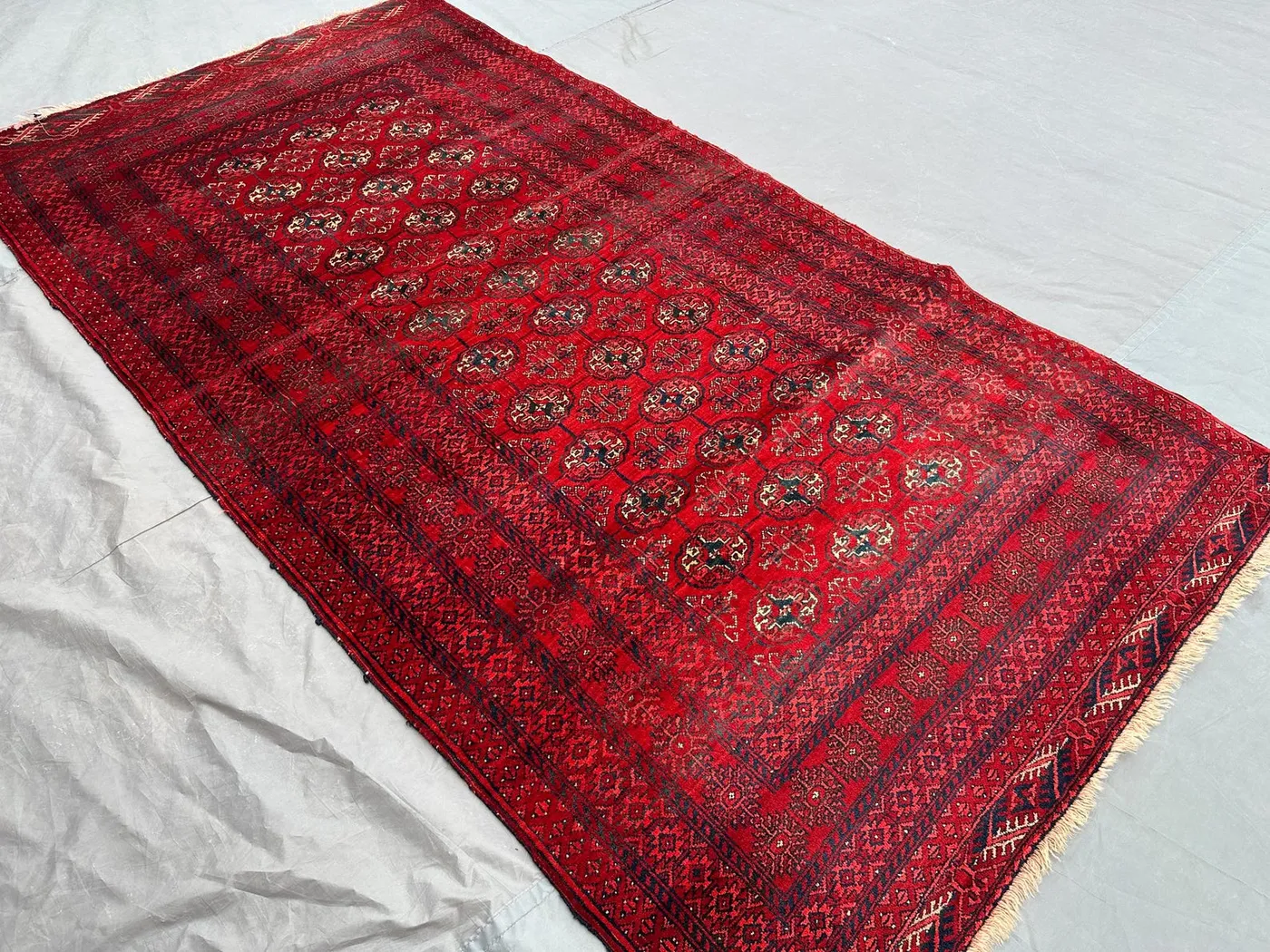 4'0 x 7'5 ft Antique Turkmen Bukhara Rug Hand Knotted Wool Red Soft Pile Geometric Oriental Tribal Carpet Rare Vintage Area Rug, Kitchen Rug