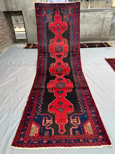 3'5 x 10'4 ft Antique Afghan Baluchi Runner Rug Hand Knotted Wool Tribal Oriental Carpet Rare Vintage Red Blac