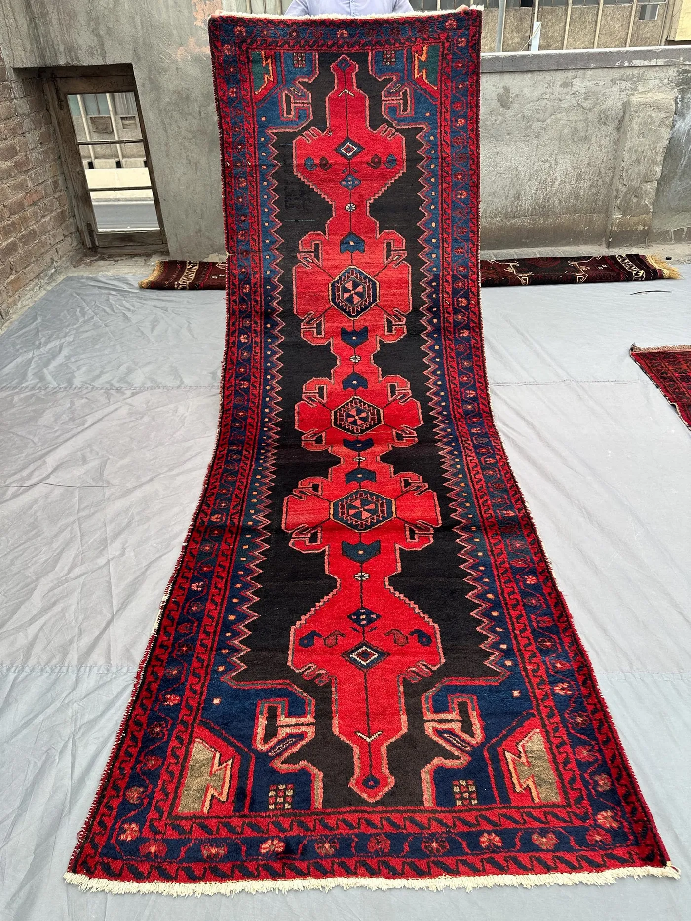 3'5 x 10'4 ft Antique Afghan Baluchi Runner Rug Hand Knotted Wool Tribal Oriental Carpet Rare Vintage Red Black Geometric Floor Rug Decor