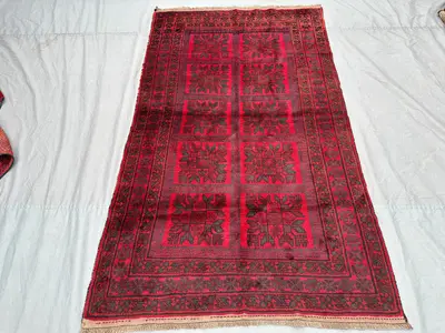 4x7 ft Antique Afghan Tekke Bukhara Rug, Turkmen Handmade Wool Area Rug, Geometric Vintage Oriental Area Rug, 