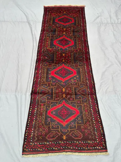 3x9 Afghan hand knotted vintage soft pile Balochi design wool runner rug tribal geometric pattern carpet | liv