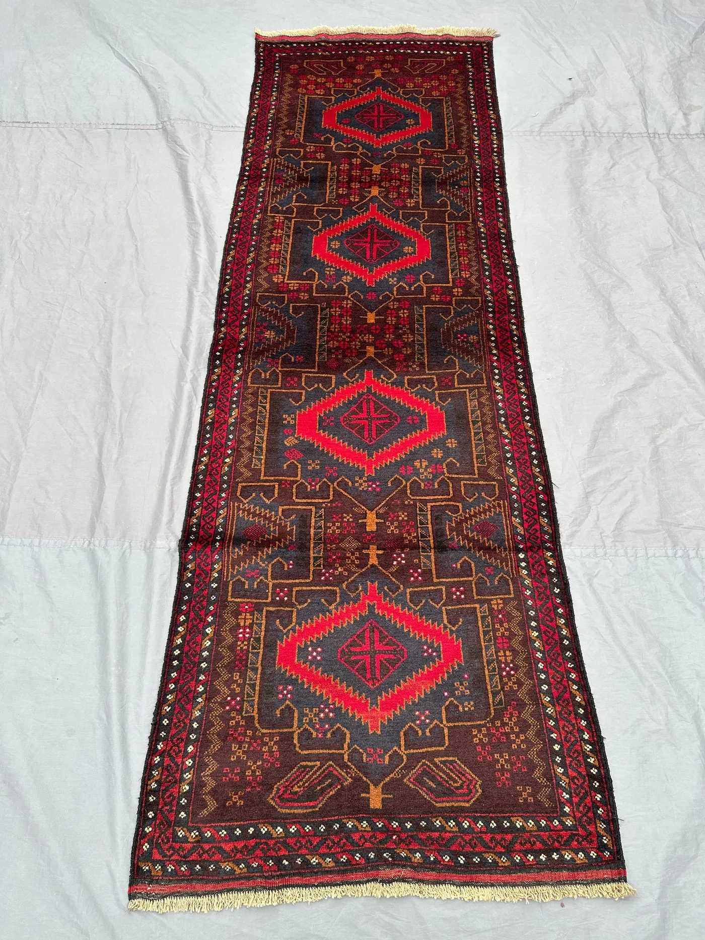3x9 Afghan hand knotted vintage soft pile Balochi design wool runner rug tribal geometric pattern carpet | living room, bedroom, hallway rug