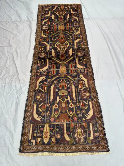 3 x 9.5 Afghan hand knotted, vintage pictorial floral pot Balochi design soft pile rug | living room, bedroom,