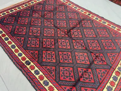5'9 x 8 ft Vintage Afghan Baluchi Rug Hand Knotted Wool Moroccan Style Fine Rug Red Geometric Carpet Tribal De