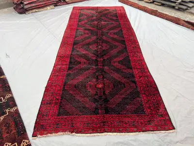 5x14 ft Vintage Afghan Baluchi Runner Rug, Hand Knotted Wool Soft Pile Runner, Tribal Red Black Geometric Long