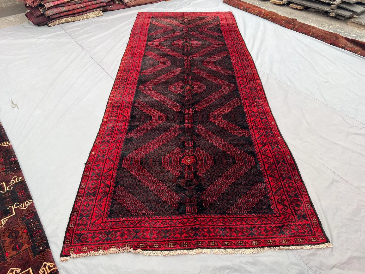 5x14 ft Vintage Afghan Baluchi Runner Rug, Hand Knotted Wool Soft Pile Runner, Tribal Red Black Geometric Long Hallway Carpet, Entryway rug
