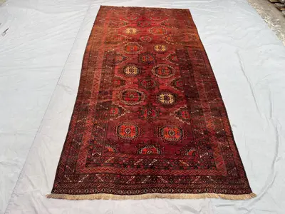 5x10 Vintage Afghan Rug, Hand Knotted Wool Tribal Runner, Red Geometric Carpet Low Pile Authentic Baluchi Larg
