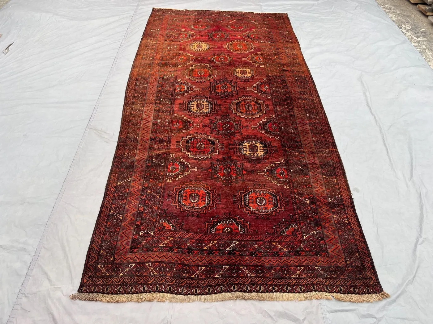 5x10 Vintage Afghan Rug, Hand Knotted Wool Tribal Runner, Red Geometric Carpet Low Pile Authentic Baluchi Large Rug, Living Room Rug Decor