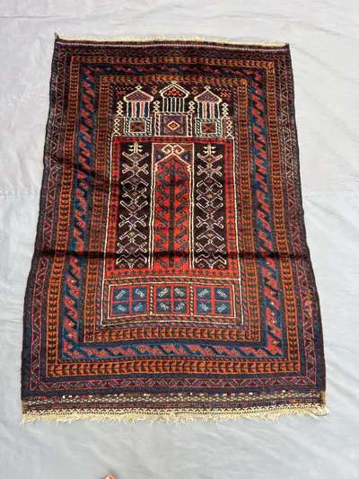 3 x 5 ft Afghan Hand Knotted Vintage Balochi Rug Red Brown Blue Tribal Prayer Design Soft Wool One Of A Kind T