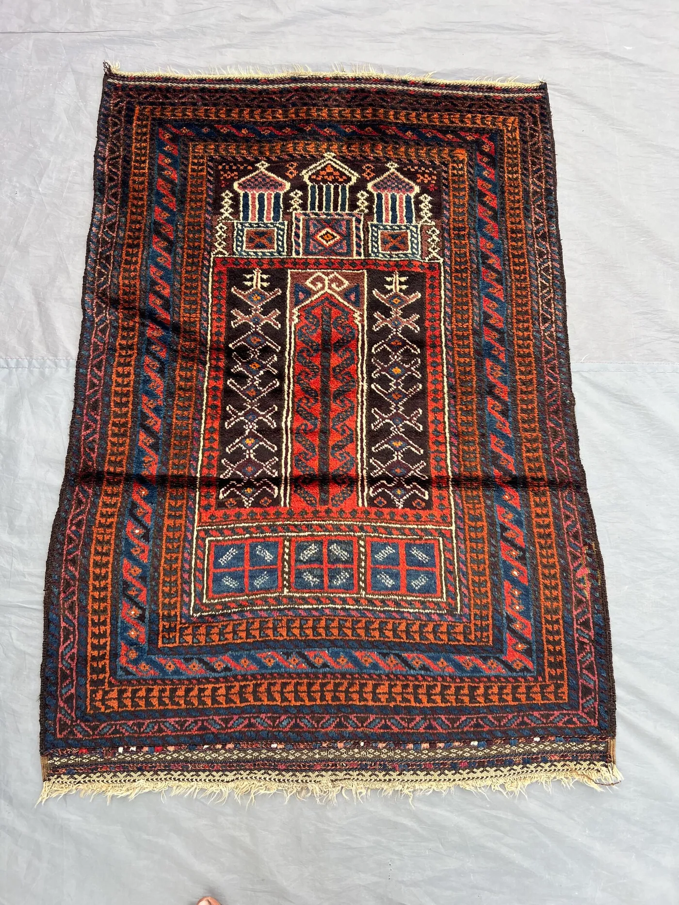 3 x 5 ft Afghan Hand Knotted Vintage Balochi Rug Red Brown Blue Tribal Prayer Design Soft Wool One Of A Kind Traditional rug