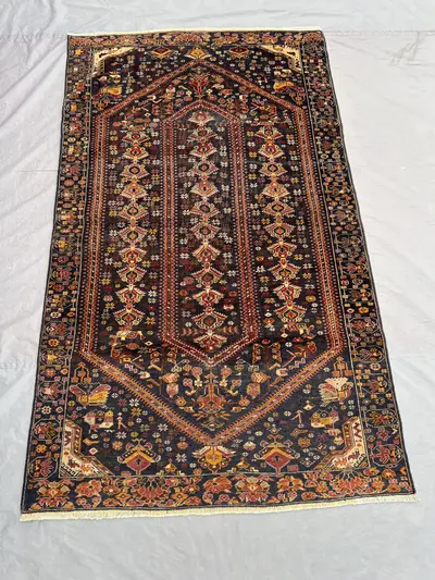 4 x 6 ft Afghan Hand Knotted Vintage Balochi Rug Black Red Floral Tree Pattern Low Pile One Of A Kind Tribal L