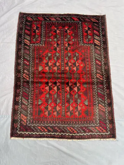 3 x 4 ft Afghan Hand Knotted Vintage Turkoman Ersari Prayer Rug Red Brown Soft Wool Tribal Geometric One Of A 