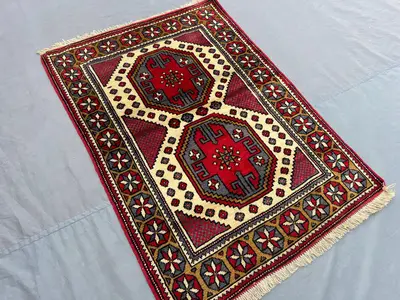 3x4 ft Vintage Afghan Hand Knotted Tribal Wool Rug, Caucasian Kazak Design, Red Ivory Geometric Carpet, Orient